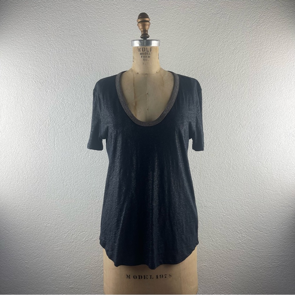 JCrew l M Black Metallic Shimmer Deep Scoopneck Beaded Trim Slub Knit Tee Shirt